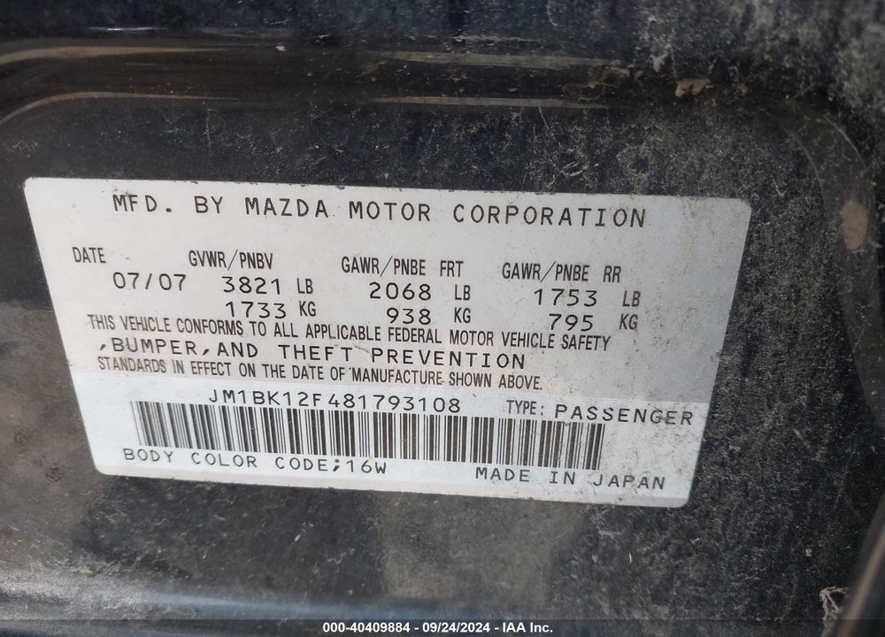 2008 MAZDA 3 I VIN: JM1BK12F481793108