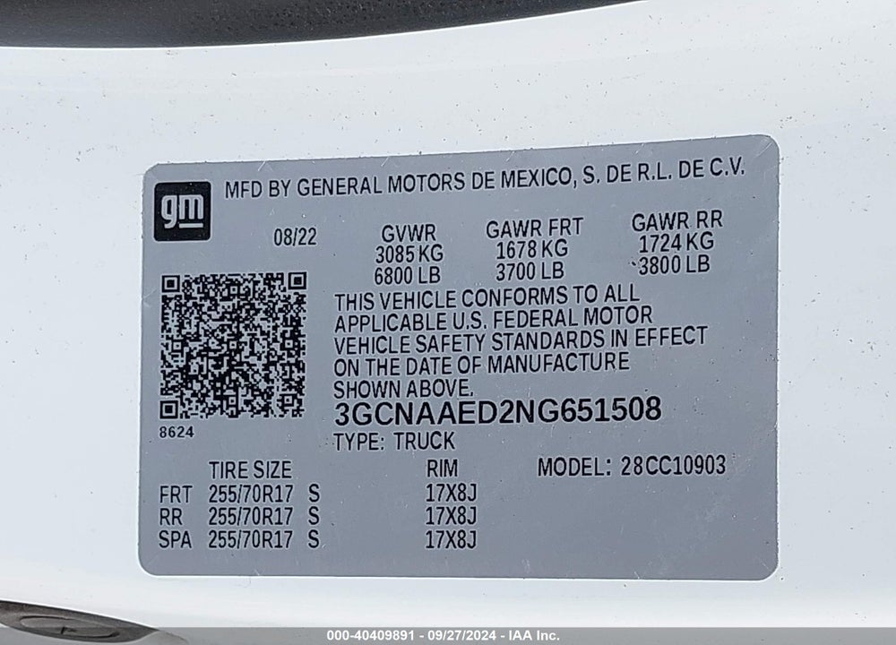 2022 CHEVROLET SILVERADO 1500 2WD REGULAR CAB LONG BED WT VIN: 3GCNAAED2NG651508