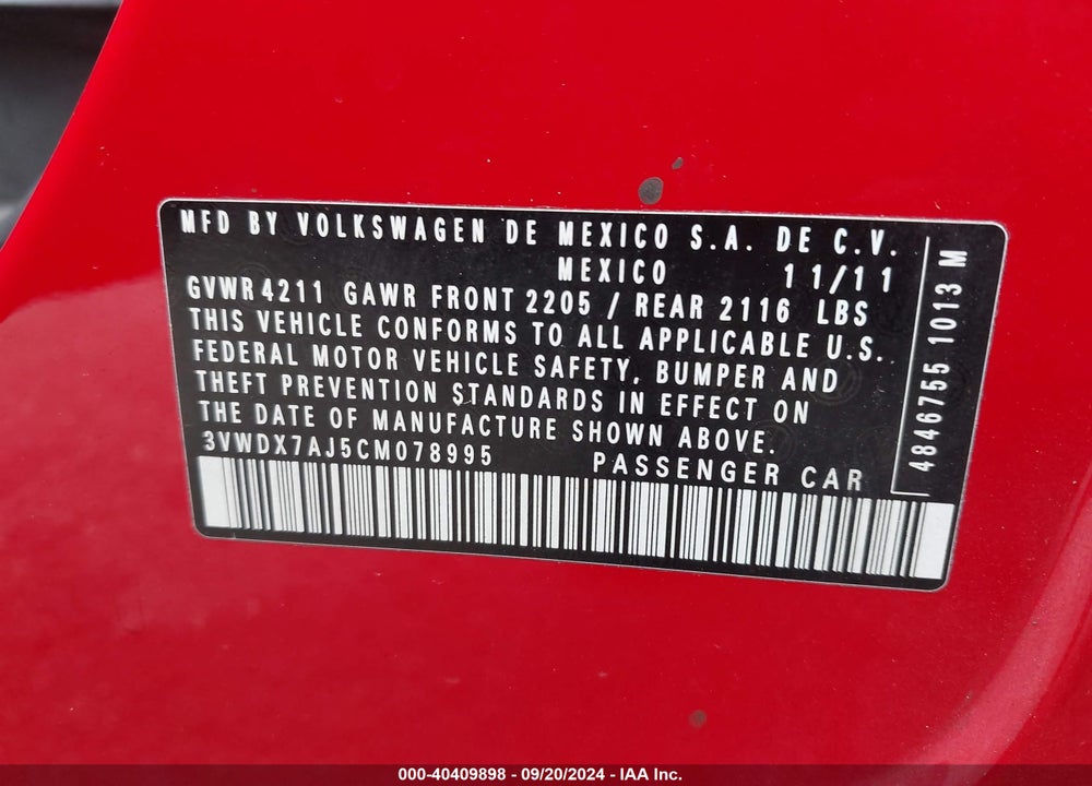 2012 VOLKSWAGEN JETTA 2.5L SE VIN: 3VWDX7AJ5CM078995