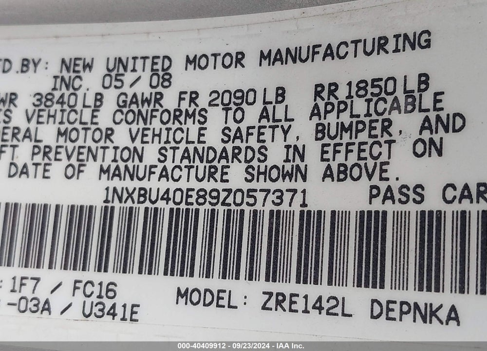 2009 TOYOTA COROLLA XLE VIN: 1NXBU40E89Z057371