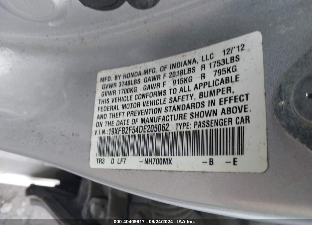 2013 HONDA CIVIC LX VIN: 19XFB2F54DE205062