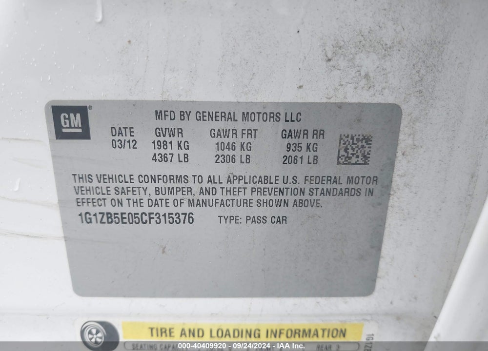 2012 CHEVROLET MALIBU LS VIN: 1G1ZB5E05CF315376