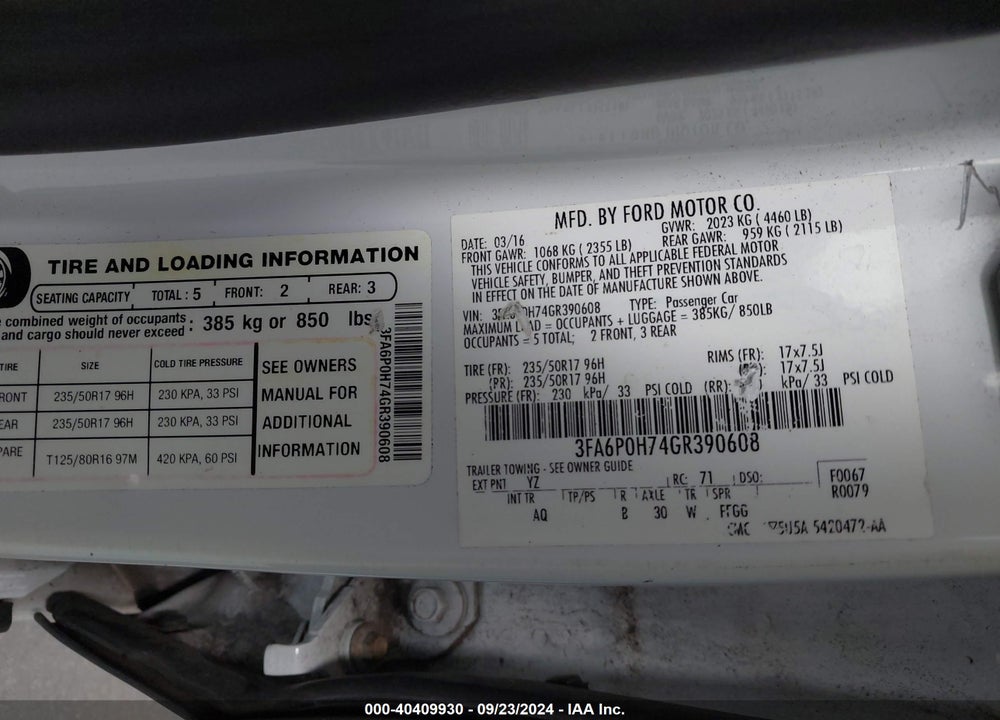 2016 FORD FUSION SE VIN: 3FA6P0H74GR390608