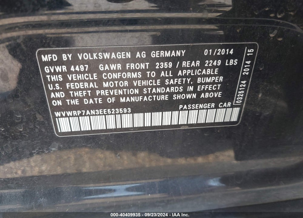 2014 VOLKSWAGEN CC 2.0T EXECUTIVE VIN: WVWRP7AN3EE523593