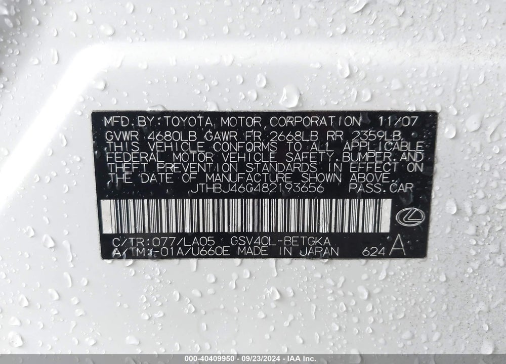 2008 LEXUS ES 350 VIN: JTHBJ46G482193656