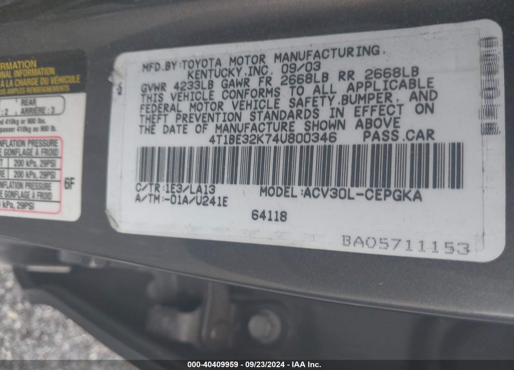 2004 TOYOTA CAMRY XLE VIN: 4T1BE32K74U800346