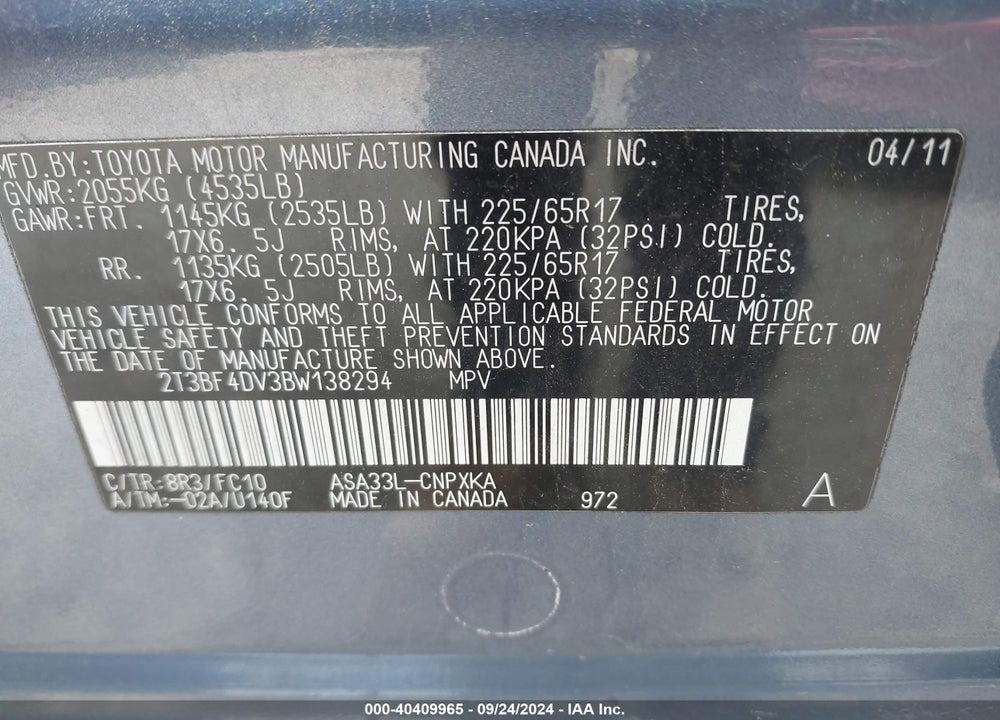 2011 TOYOTA RAV4 VIN: 2T3BF4DV3BW138294