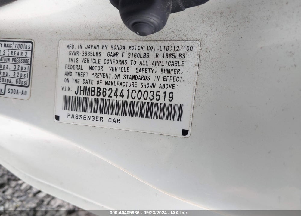 2001 HONDA PRELUDE VIN: JHMBB62441C003519