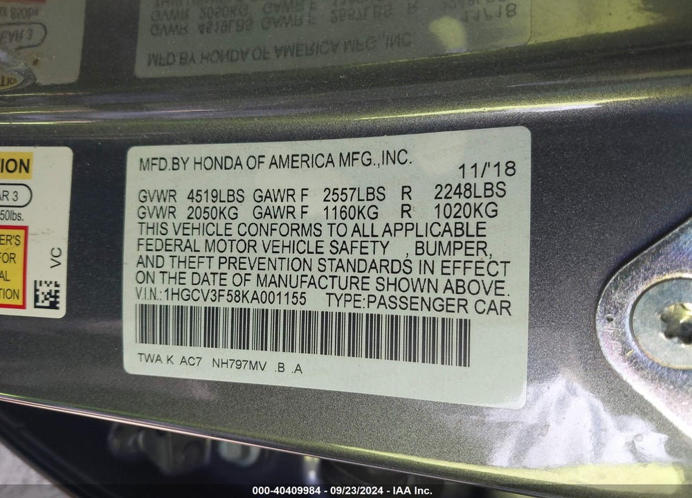 2019 HONDA ACCORD HYBRID EX-L VIN: 1HGCV3F58KA001155