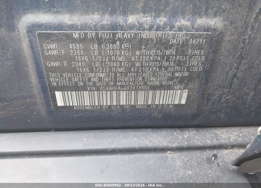 2011 SUBARU OUTBACK 2.5I VIN: 4S4BRBACXB3413866