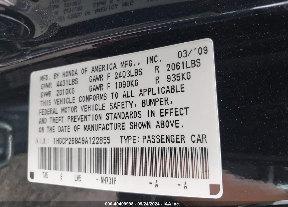 2009 HONDA ACCORD 2.4 EX-L VIN: 1HGCP26849A122855