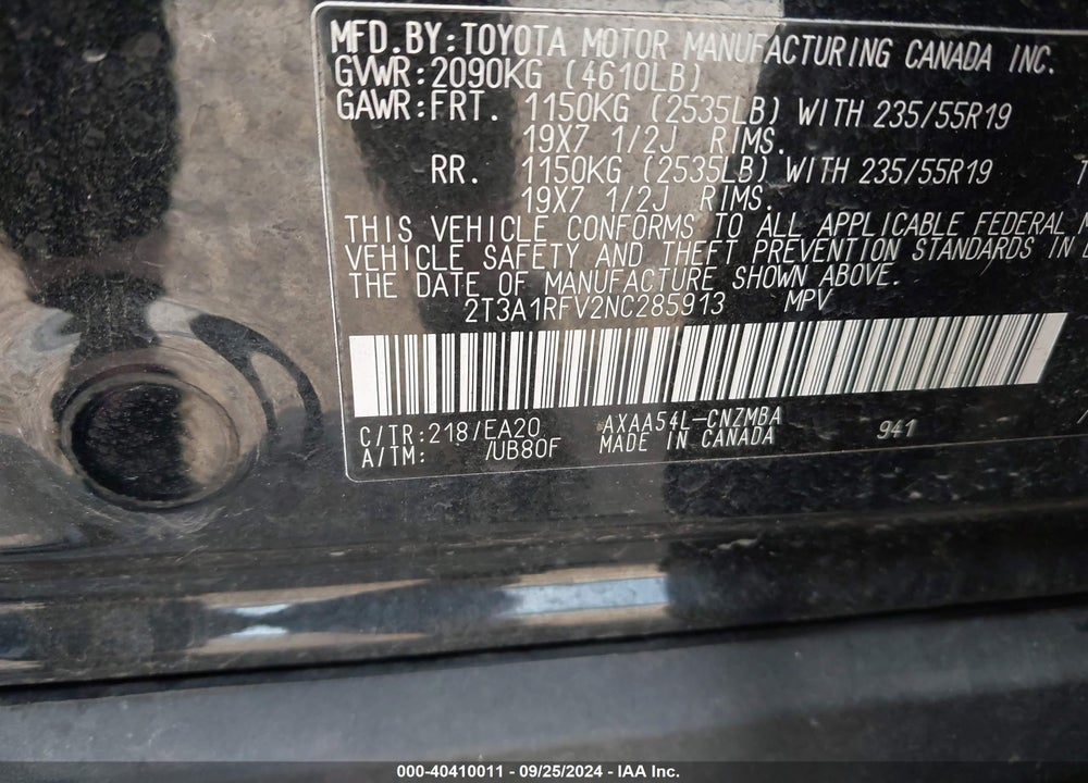 2022 TOYOTA RAV4 XLE PREMIUM VIN: 2T3A1RFV2NC285913