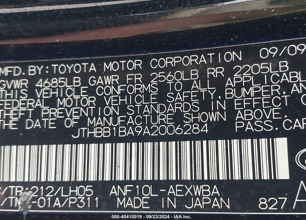 2010 LEXUS HS 250H PREMIUM VIN: JTHBB1BA9A2006284