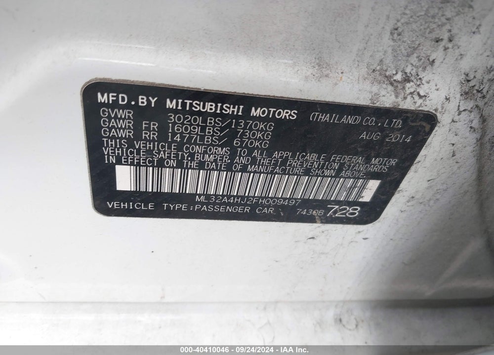 2015 MITSUBISHI MIRAGE ES VIN: ML32A4HJ2FH009497