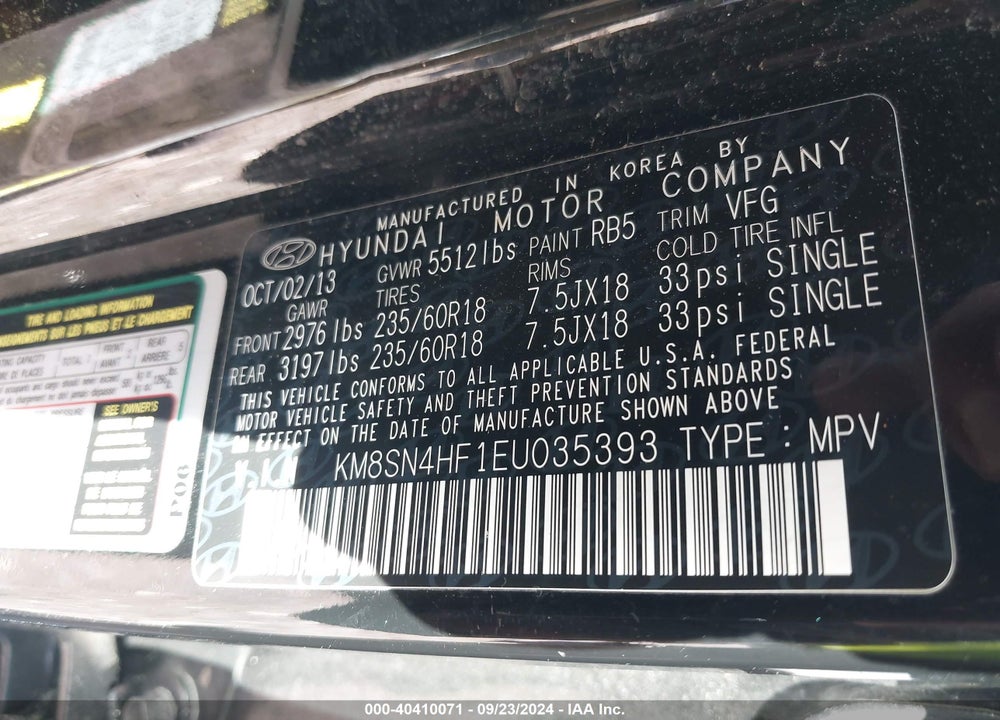 2014 HYUNDAI SANTA FE GLS VIN: KM8SN4HF1EU035393