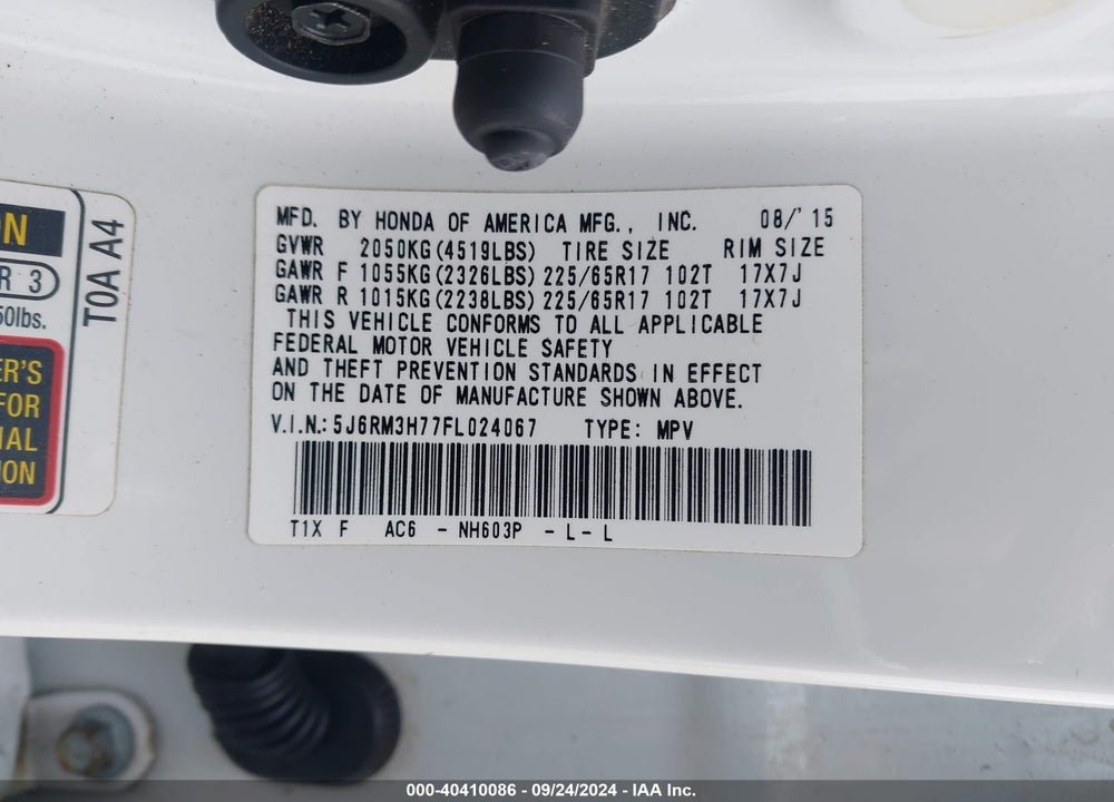 2015 HONDA CR-V EX-L VIN: 5J6RM3H77FL024067