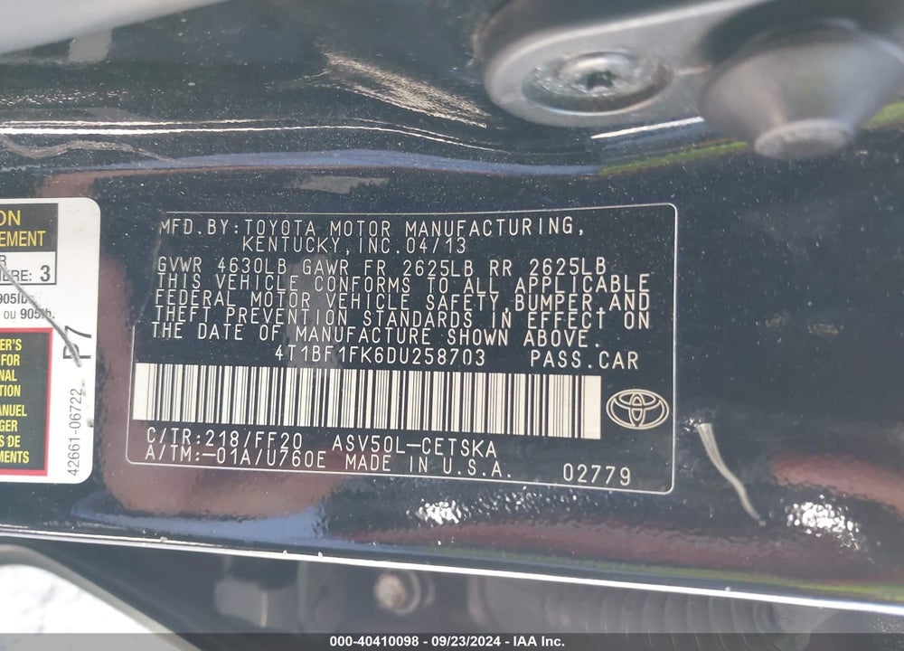 2013 TOYOTA CAMRY SE VIN: 4T1BF1FK6DU258703