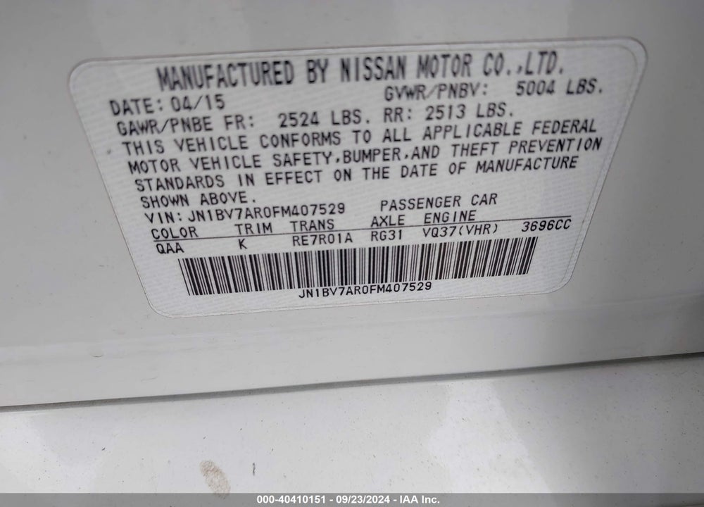 2015 INFINITI Q50 PREMIUM VIN: JN1BV7AR0FM407529