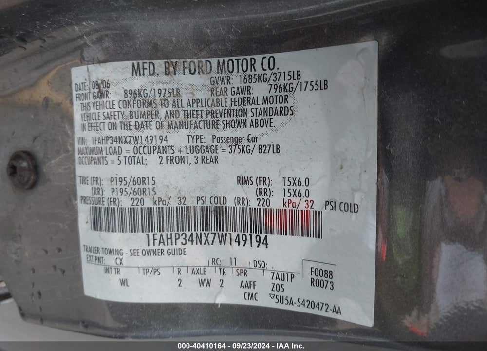 2007 FORD FOCUS S/SE/SES VIN: 1FAHP34NX7W149194