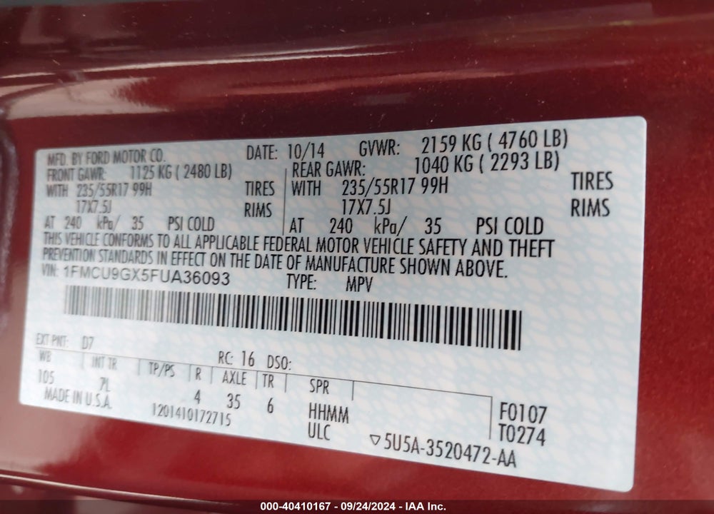 2015 FORD ESCAPE SE VIN: 1FMCU9GX5FUA36093