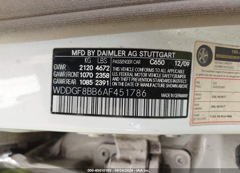 2010 MERCEDES-BENZ C 300 VIN: WDDGF8BB6AF451786