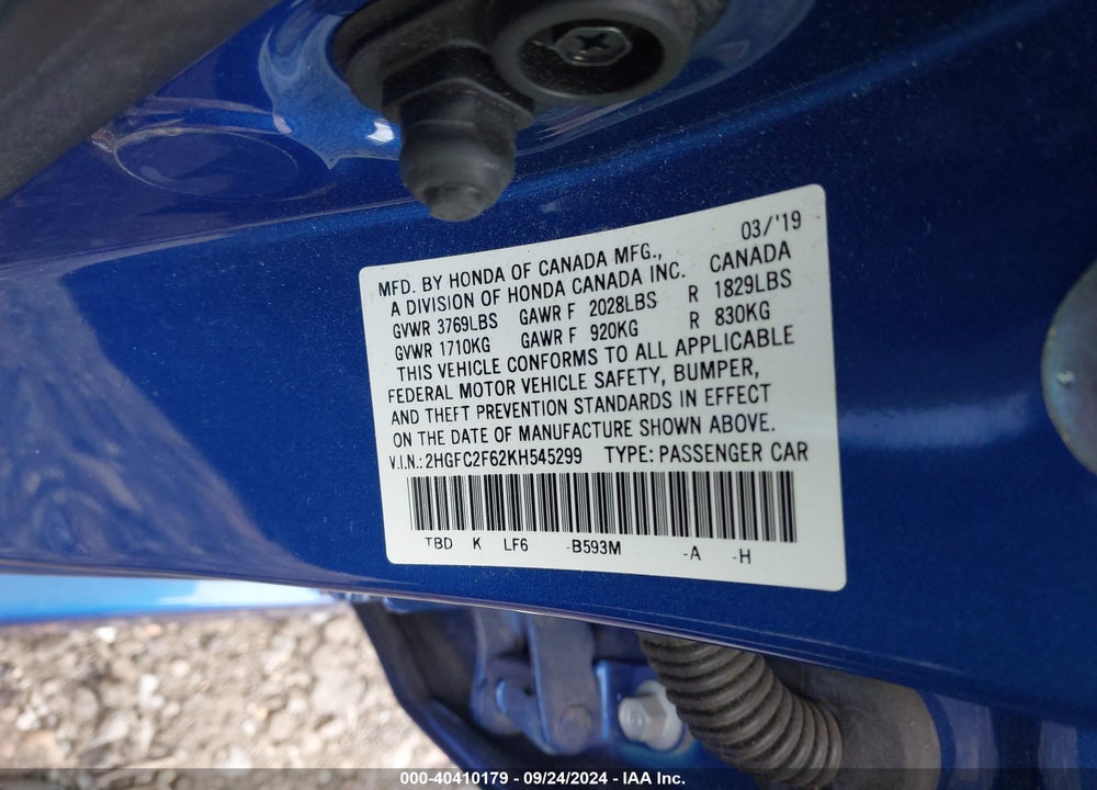 2019 HONDA CIVIC LX VIN: 2HGFC2F62KH545299