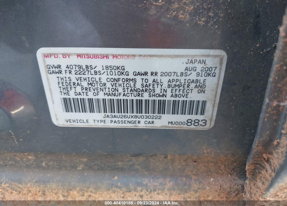 2008 MITSUBISHI LANCER DE/ES VIN: JA3AU26UX8U030222