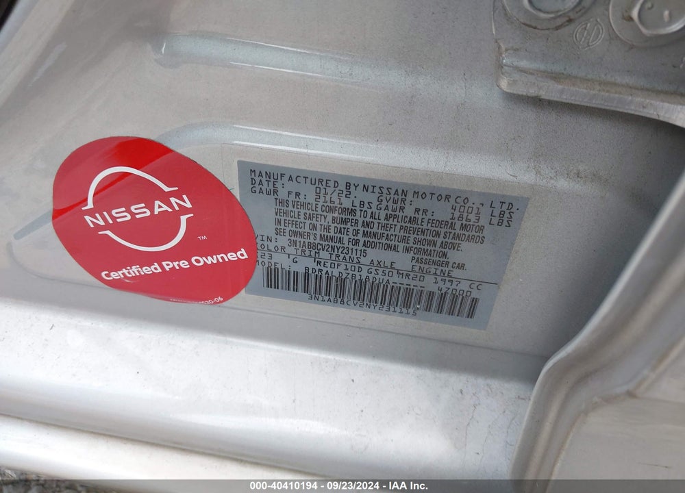 2022 NISSAN SENTRA SV XTRONIC CVT VIN: 3N1AB8CV2NY231115