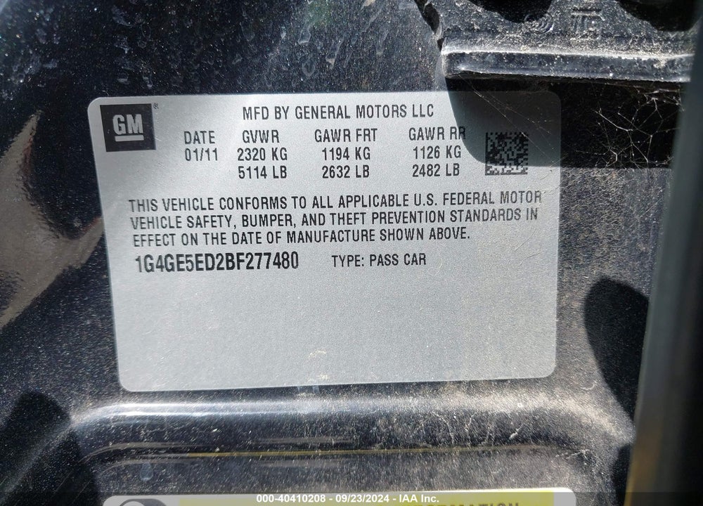 2011 BUICK LACROSSE CXS VIN: 1G4GE5ED2BF277480