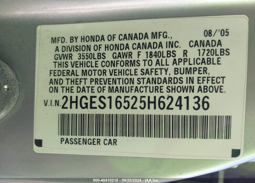 2005 HONDA CIVIC LX VIN: 2HGES16525H624136
