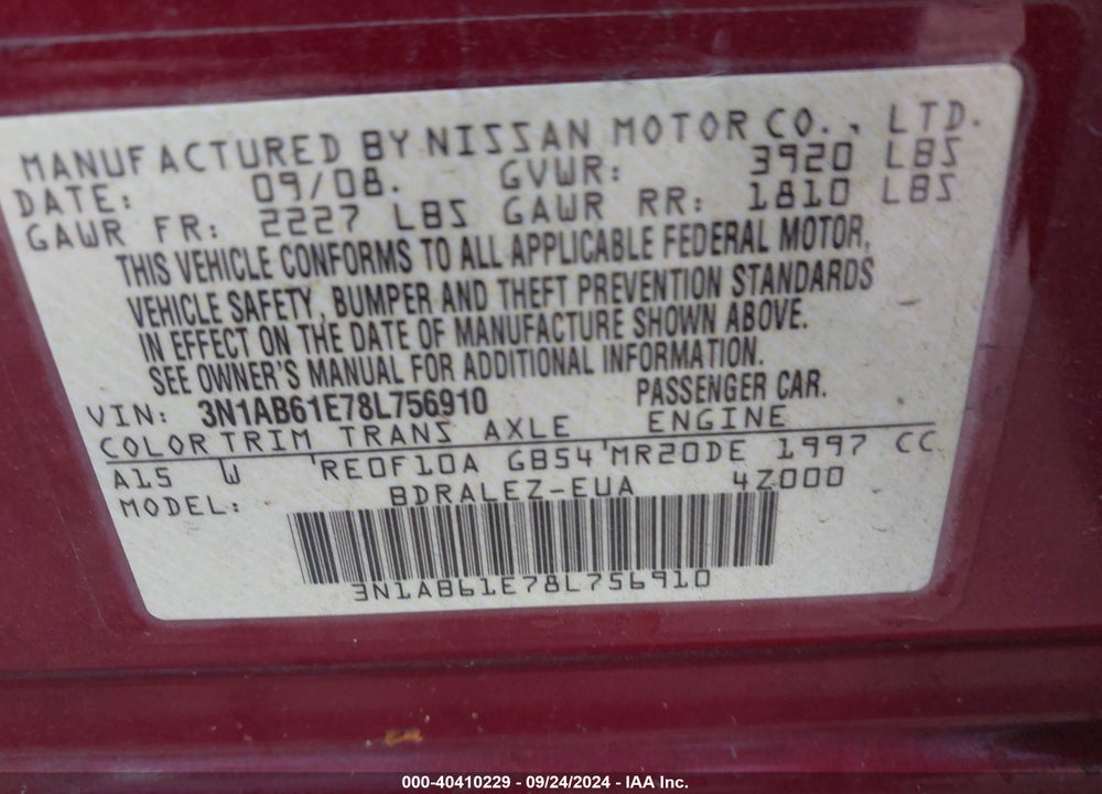 2008 NISSAN SENTRA 2.0S VIN: 3N1AB61E78L756910