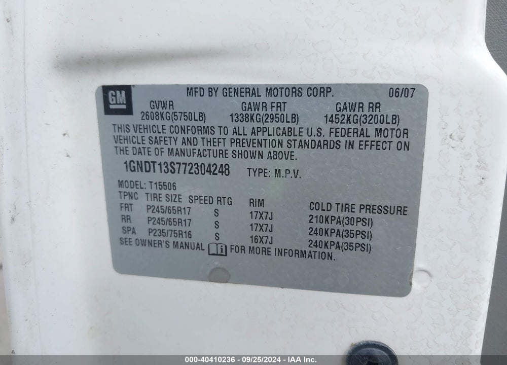 2007 CHEVROLET TRAILBLAZER LT VIN: 1GNDT13S772304248