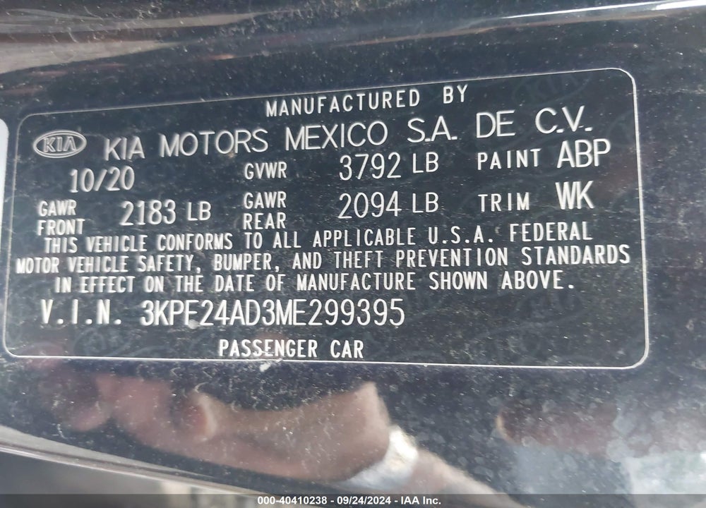 2021 KIA FORTE VIN: 3KPF24AD3ME299395