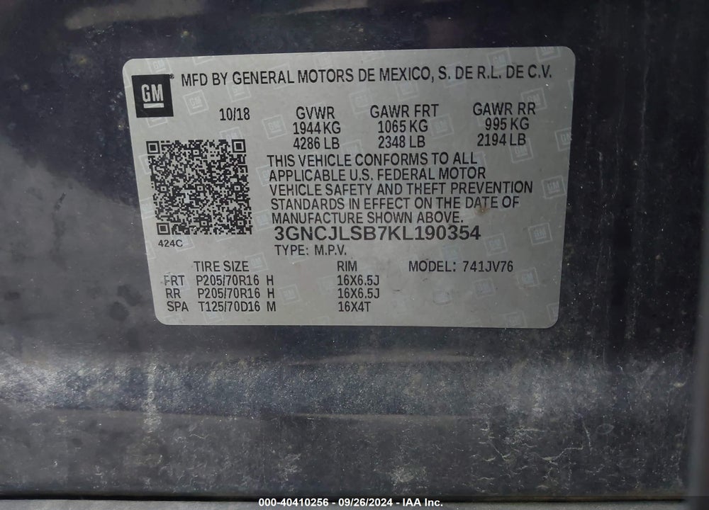 2019 CHEVROLET TRAX LT VIN: 3GNCJLSB7KL190354