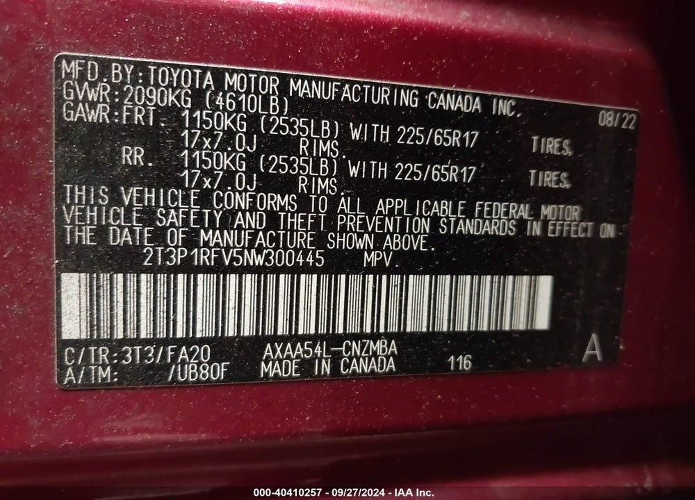 2022 TOYOTA RAV4 XLE VIN: 2T3P1RFV5NW300445