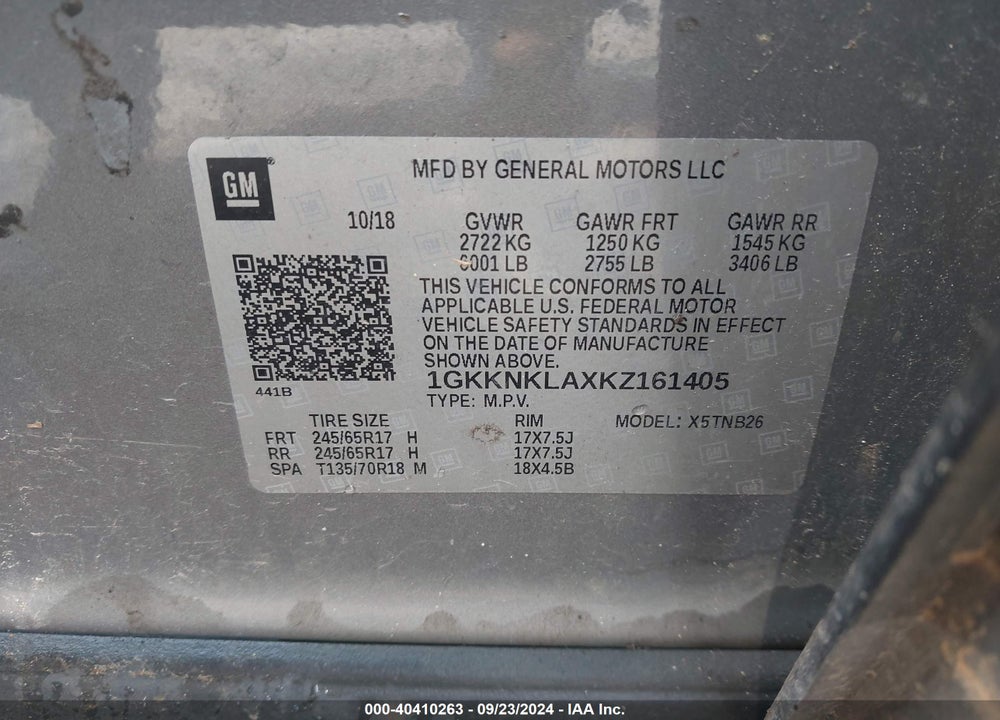 2019 GMC ACADIA SLE-1 VIN: 1GKKNKLAXKZ161405