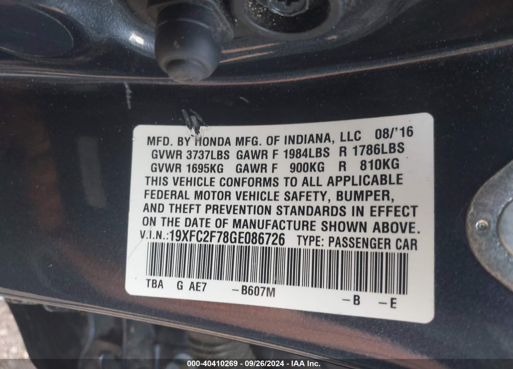 2016 HONDA CIVIC EX VIN: 19XFC2F78GE086726