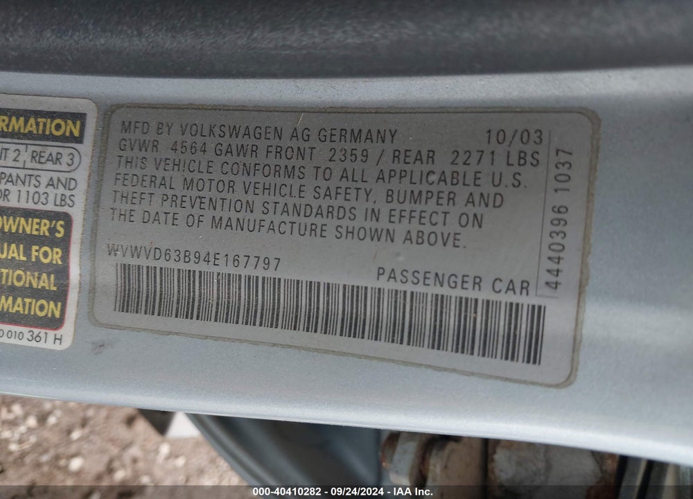 2004 VOLKSWAGEN PASSAT GLS VIN: WVWVD63B94E167797