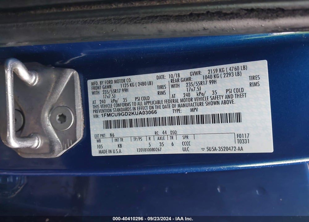 2019 FORD ESCAPE SE VIN: 1FMCU9GD2KUA03066