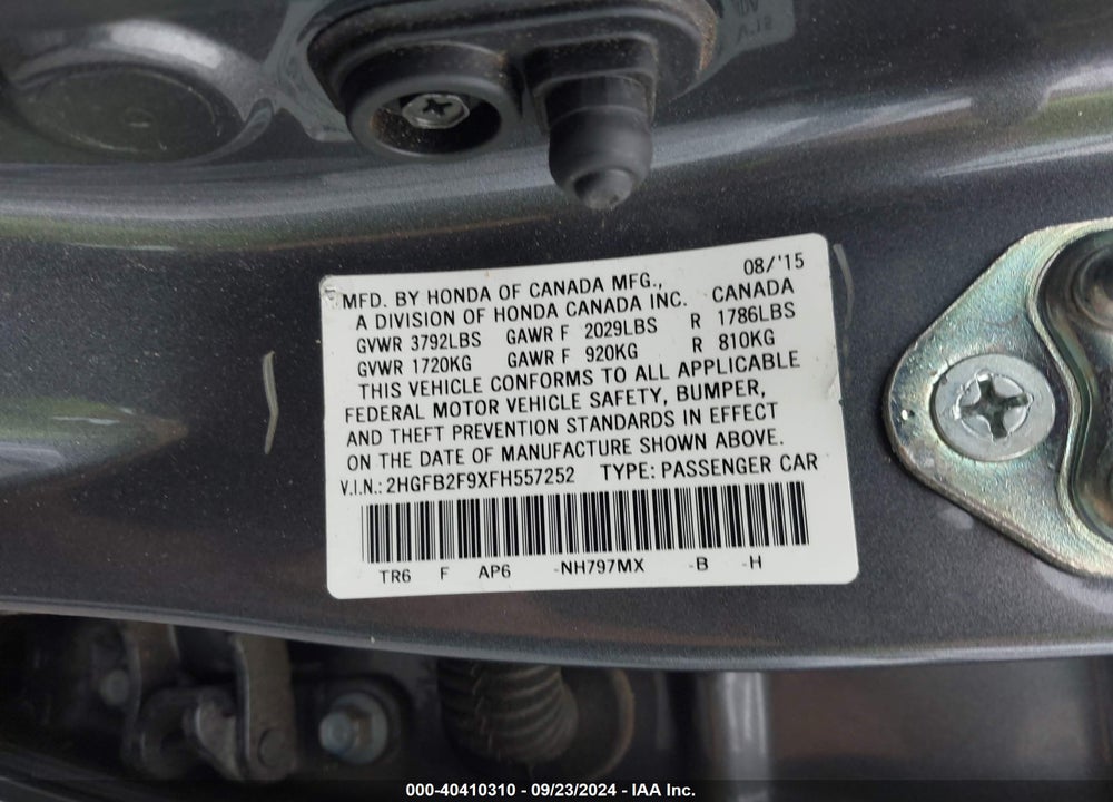 2015 HONDA CIVIC VIN: 2HGFB2F9XFH557252