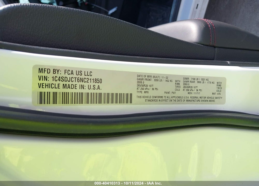 2022 DODGE DURANGO R/T AWD VIN: 1C4SDJCT6NC211850