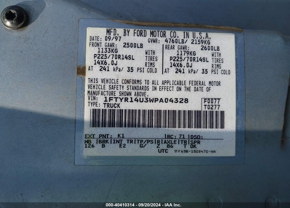 1998 FORD RANGER SPLASH/XL/XLT VIN: 1FTYR14U3WPA04328