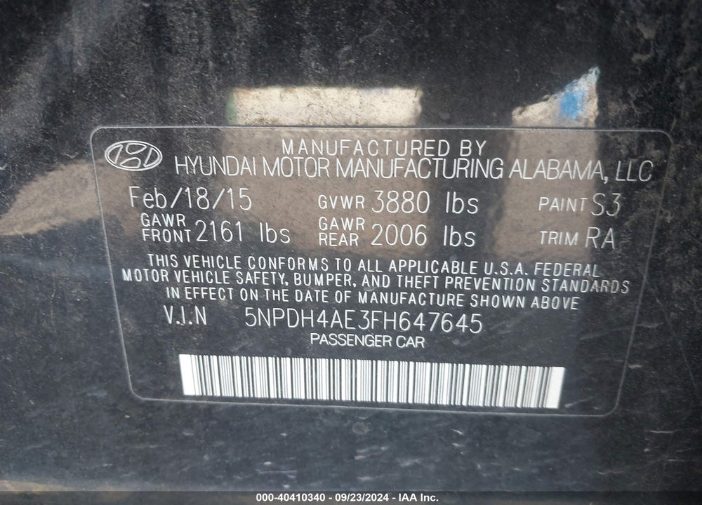 2015 HYUNDAI ELANTRA SE VIN: 5NPDH4AE3FH647645