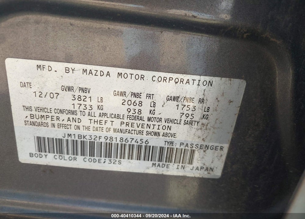 2008 MAZDA 3 I VIN: JM1BK32F981867456