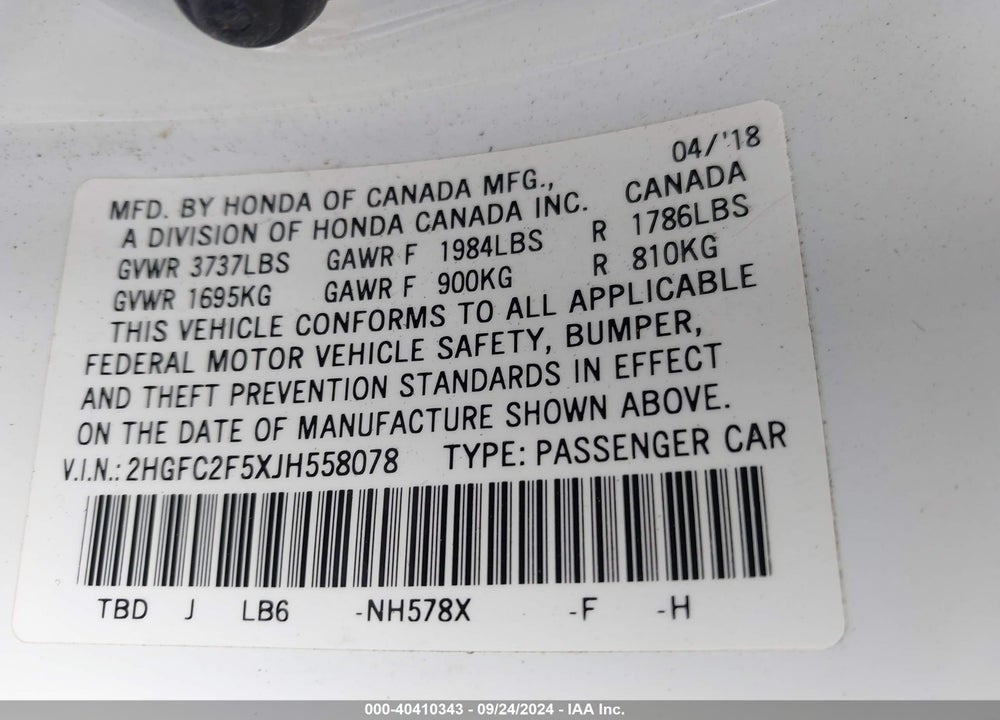 2018 HONDA CIVIC LX VIN: 2HGFC2F5XJH558078