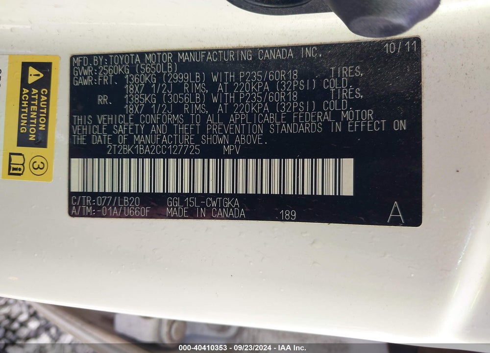 2012 LEXUS RX 350 VIN: 2T2BK1BA2CC127725