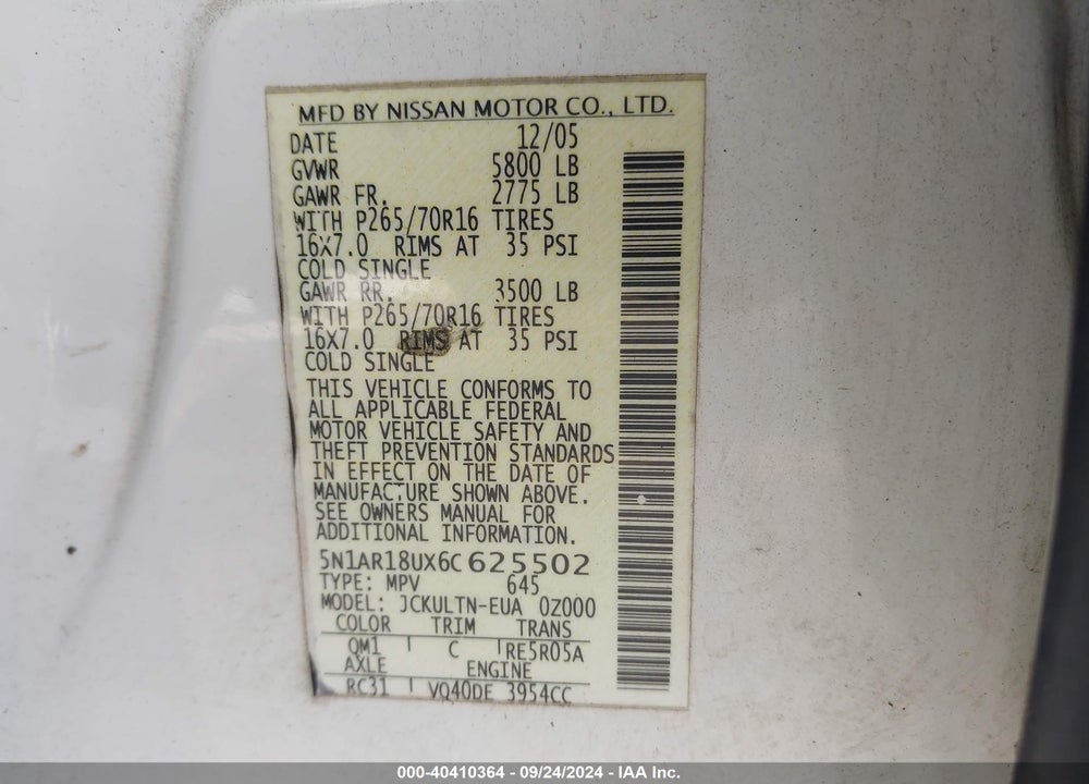 2006 NISSAN PATHFINDER SE VIN: 5N1AR18UX6C625502