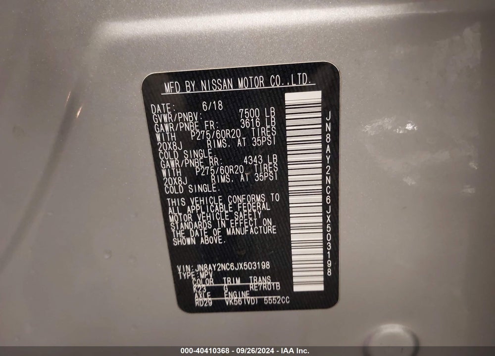 2018 NISSAN ARMADA SL VIN: JN8AY2NC6JX503198