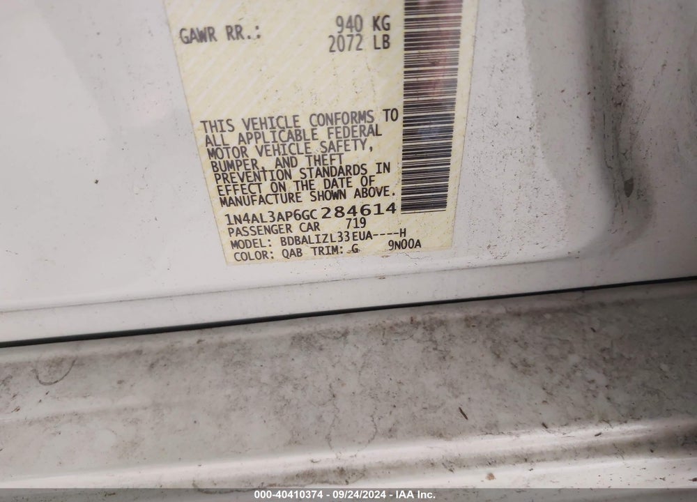 2016 NISSAN ALTIMA 2.5 SV VIN: 1N4AL3AP6GC284614