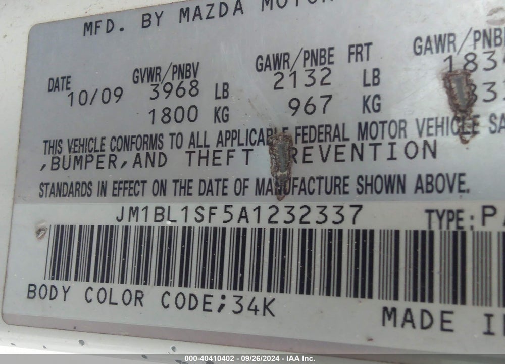 2010 MAZDA 3 I TOURING VIN: JM1BL1SF5A1232337